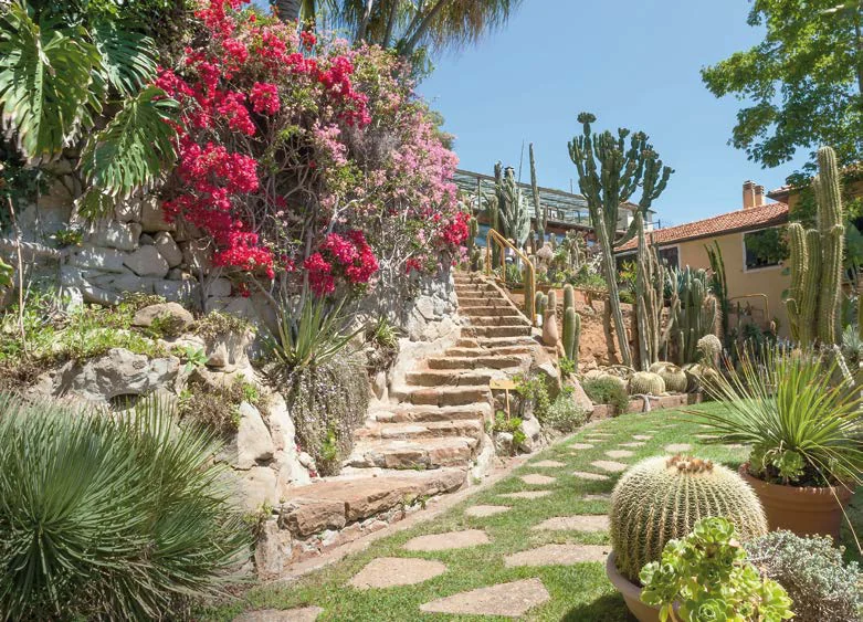 La scalinata del Giardino Esotico Pallanca tra cactus e bouganville