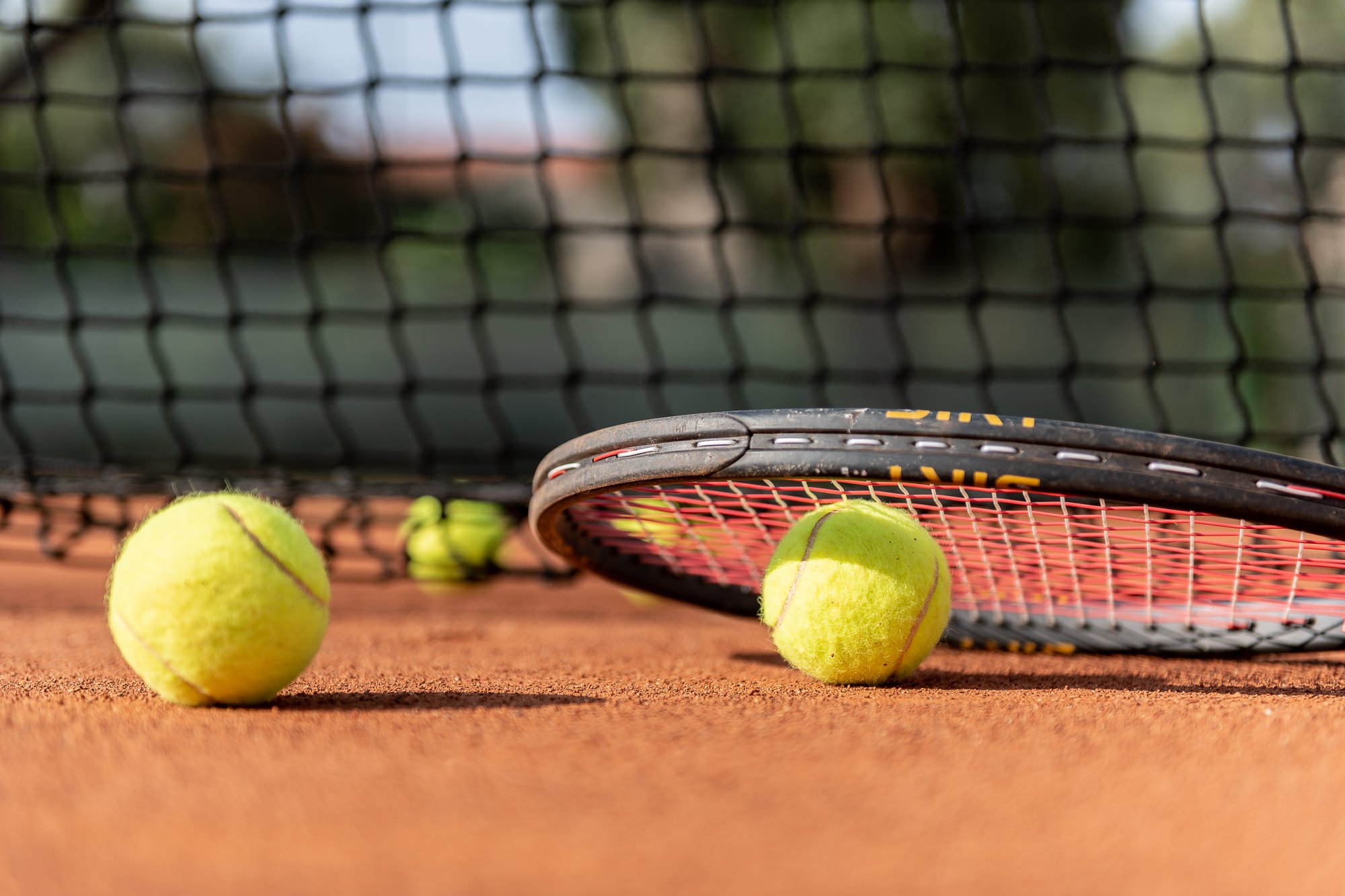 Due palline da tennis gialle e una racchetta appoggiate sulla terra rossa vicino alla rete, al Bordighera Lawn Tennis Club