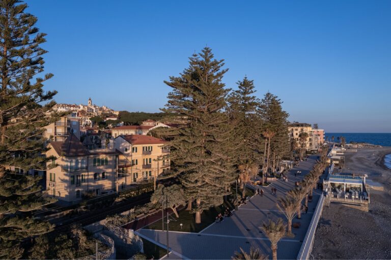 Araucarie alte accanto ai palazzi d'epoca e alla passeggiata del lungomare Argentina, con il mare e Bordighera Alta