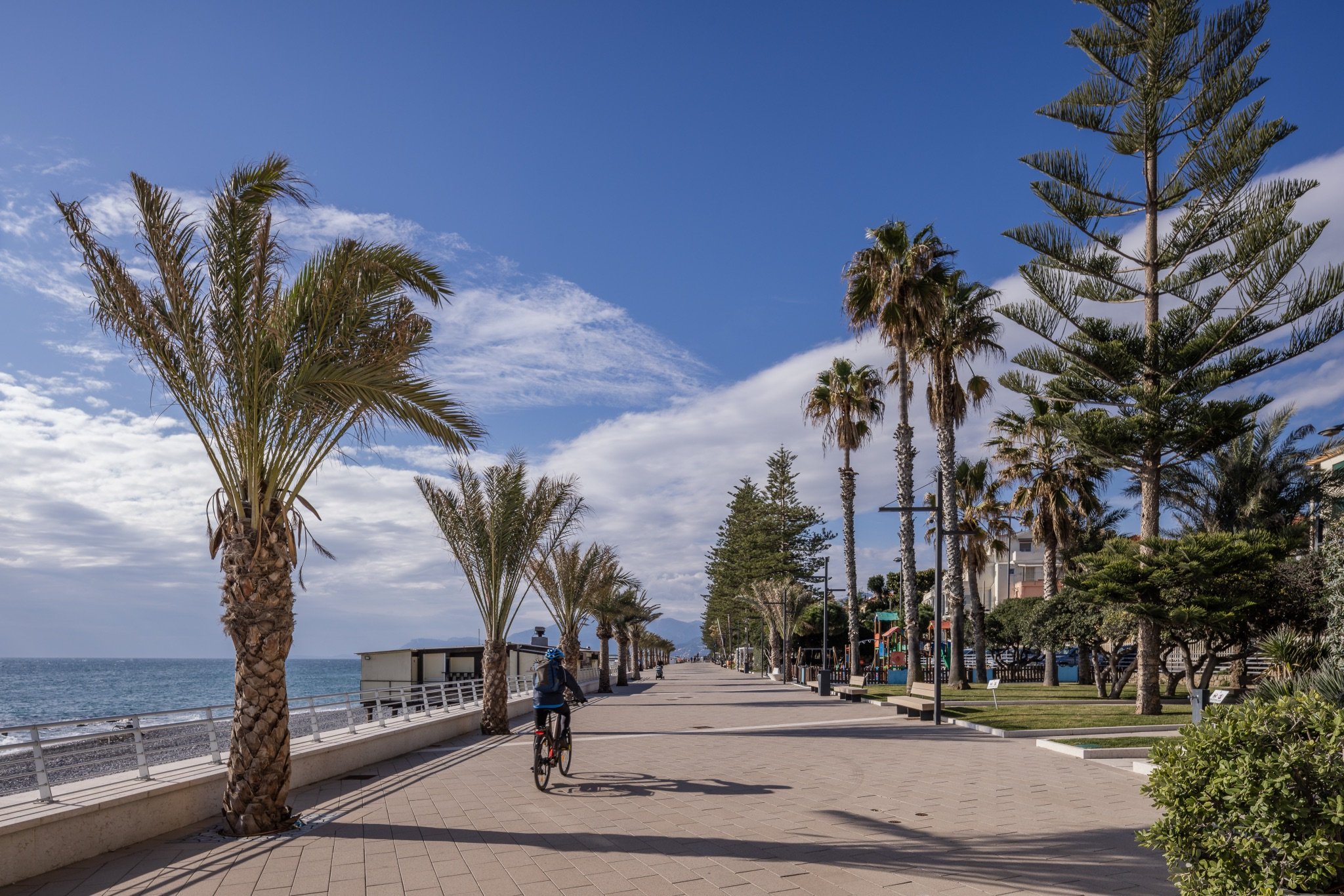 Il nuovo lungomare di Bordighera con la passeggiata pavimentata, palme, araucarie, un ciclista e il mare