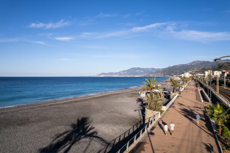 Vista aerea della passeggiata di ponente con le ombre delle palme sulla spiaggia, il mare blu e la ferrovia accanto