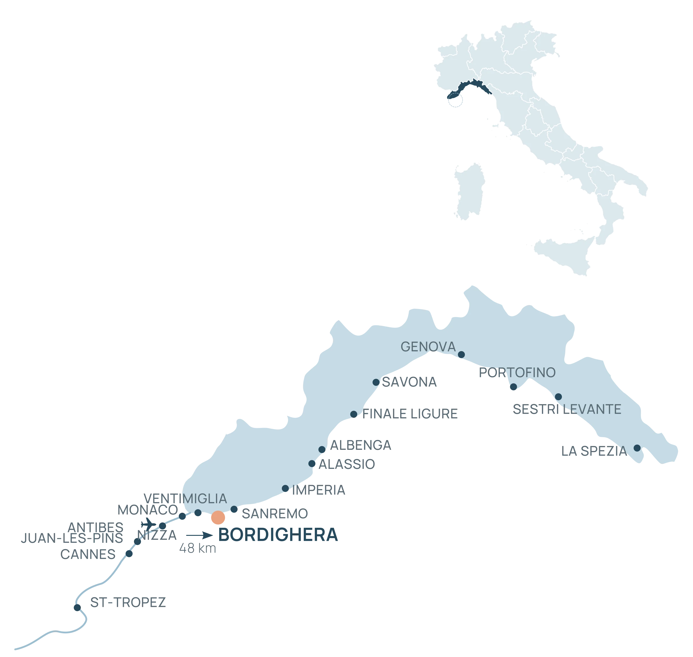 Mappa della Liguria e della Costa Azzurra con Bordighera tra Sanremo e Ventimiglia, a 48 km da Nizza