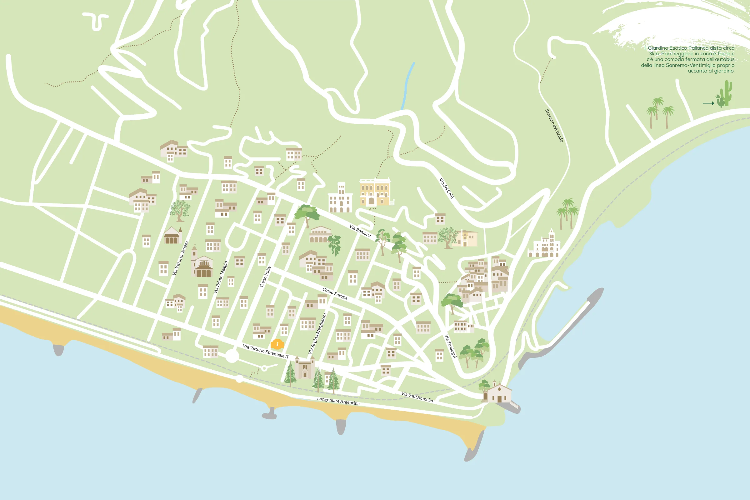 Mappa dell’itinerario tra giardini e alberi monumentali di Bordighera