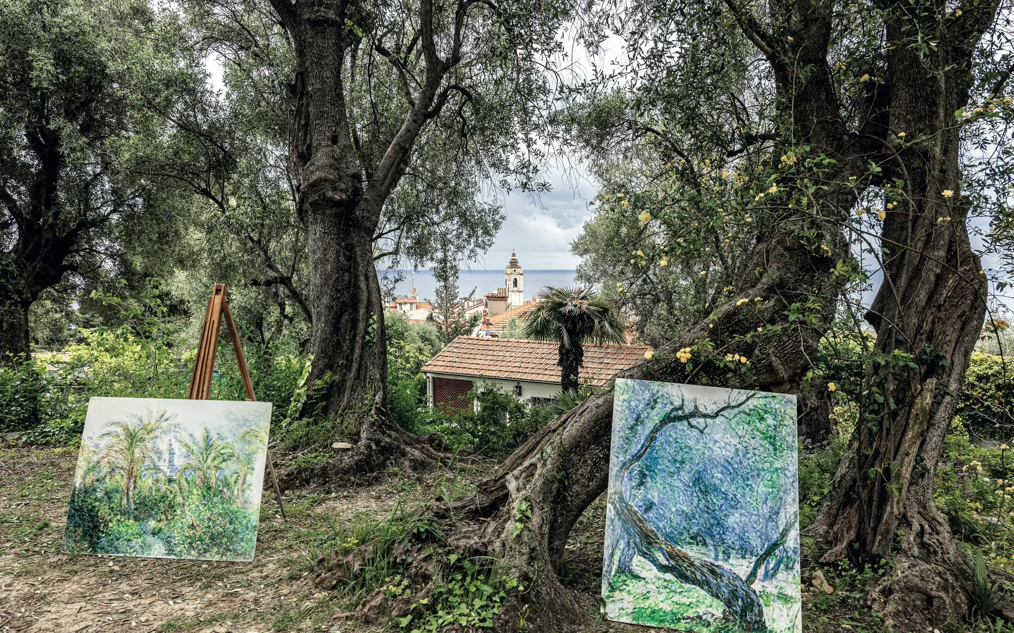 Cavalletti con riproduzioni dei quadri di Monet tra gli olivi di Bordighera