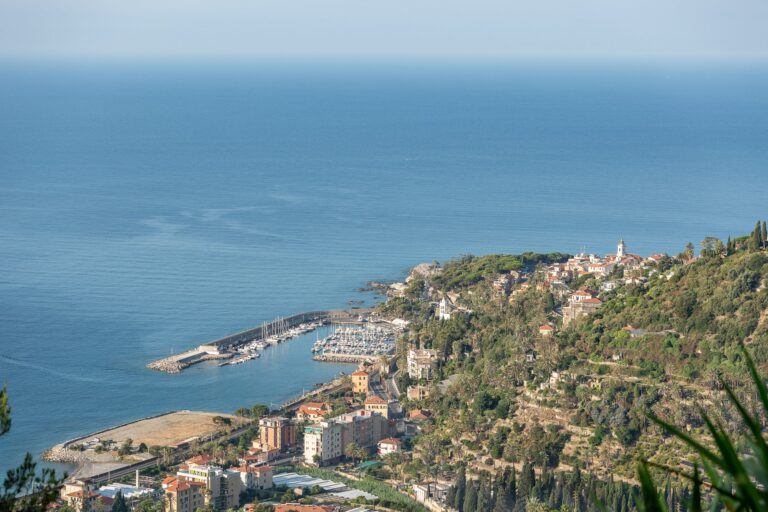 Panorama dal Monte Nero sul porto turistico, la città e Bordighera Alta, con il mare aperto e la vegetazione mediterranea