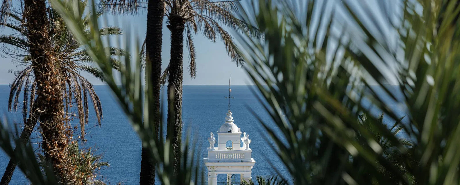 Palme e campanile bianco affacciati sul mare di Bordighera