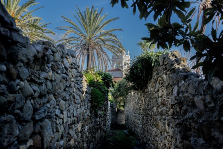 Schmaler Pfad zwischen Trockenmauern aus Stein, mit Palmen und dem Turm der Villa Garnier in Bordighera im Hintergrund