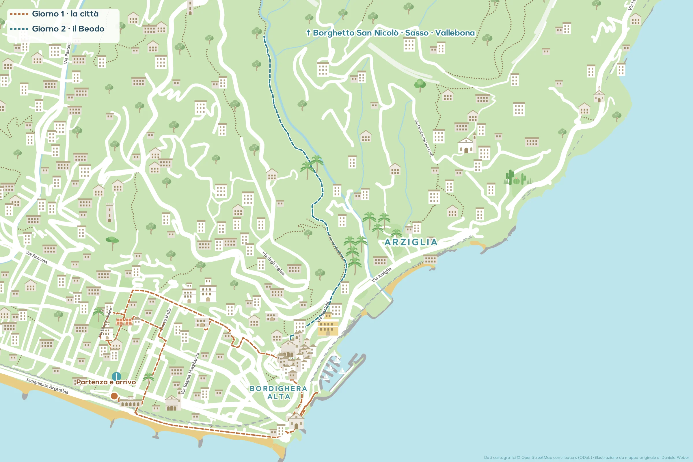 Mappa illustrata dell’itinerario Bordighera in 2 giorni: la città, il sentiero del Beodo e l’Arziglia