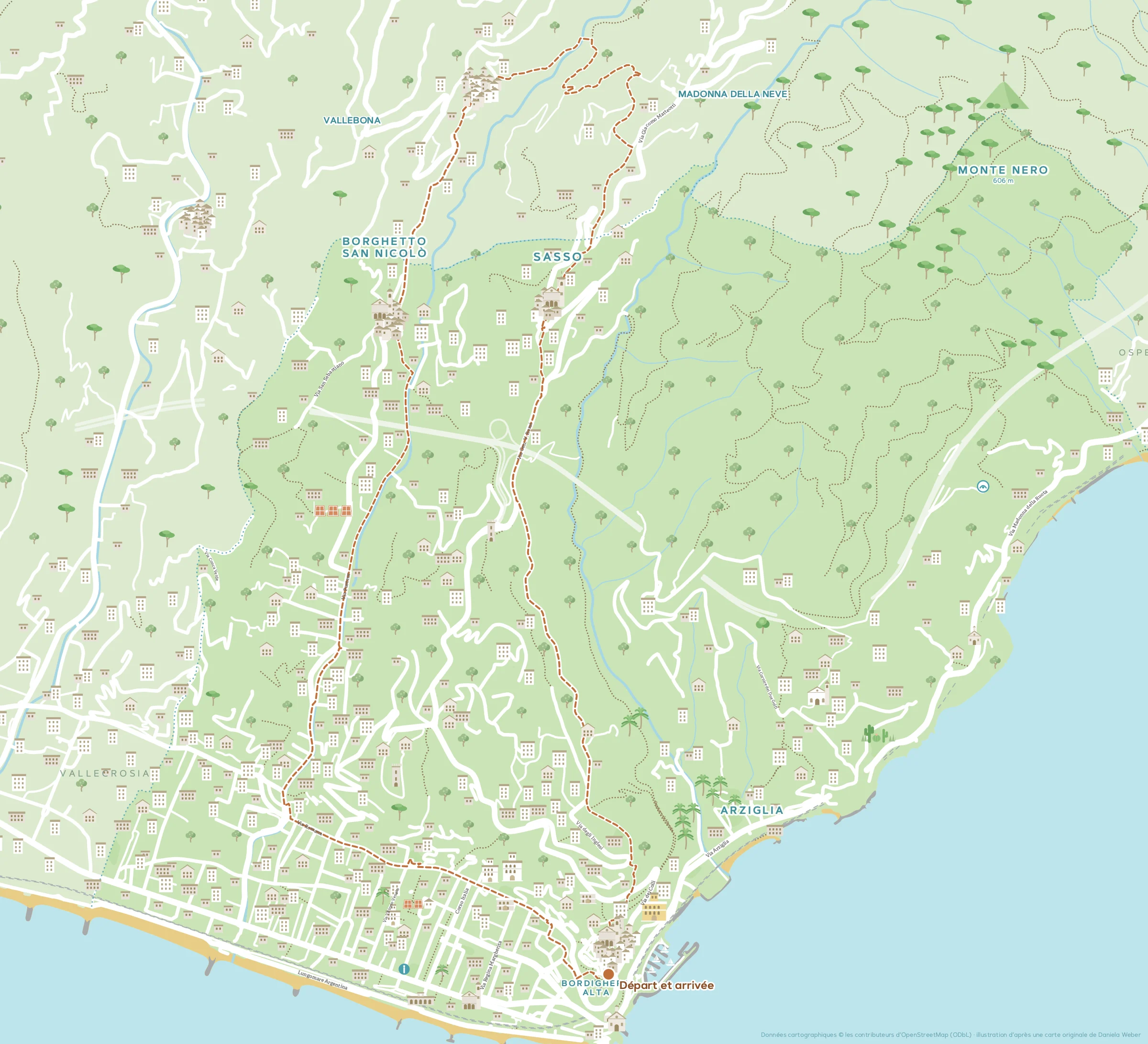 Carte illustrée du parcours de la Marcia delle Palme (Marche des Palmes), avec les étapes numérotées