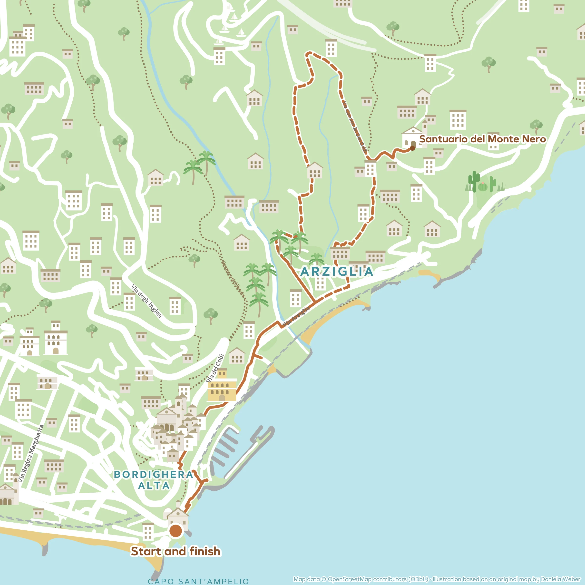 Illustrated map of the hike From Bordighera to the Sanctuary of Monte Nero, with the route and numbered stops