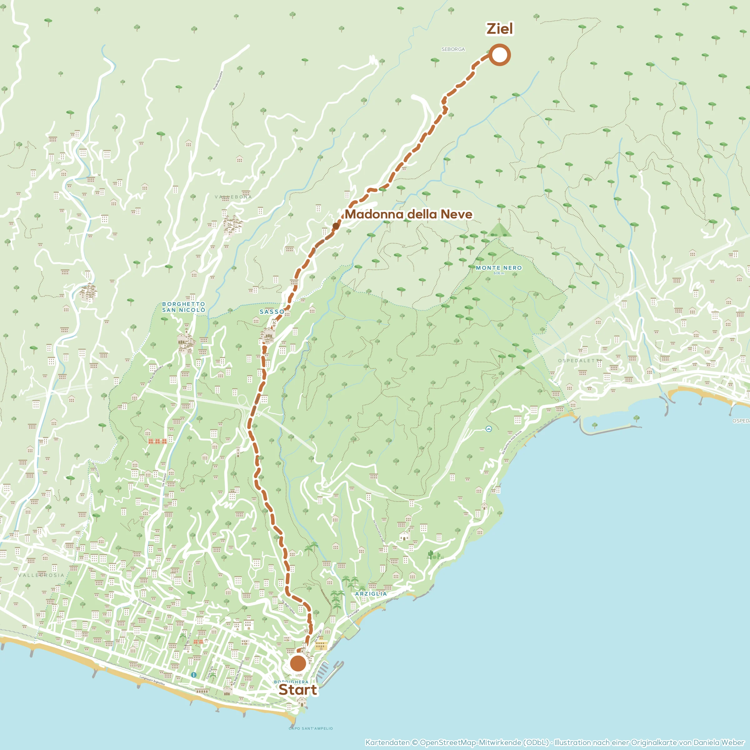 Illustrierte Karte der Wanderung Von Bordighera nach Sasso und Seborga mit Route und nummerierten Etappen