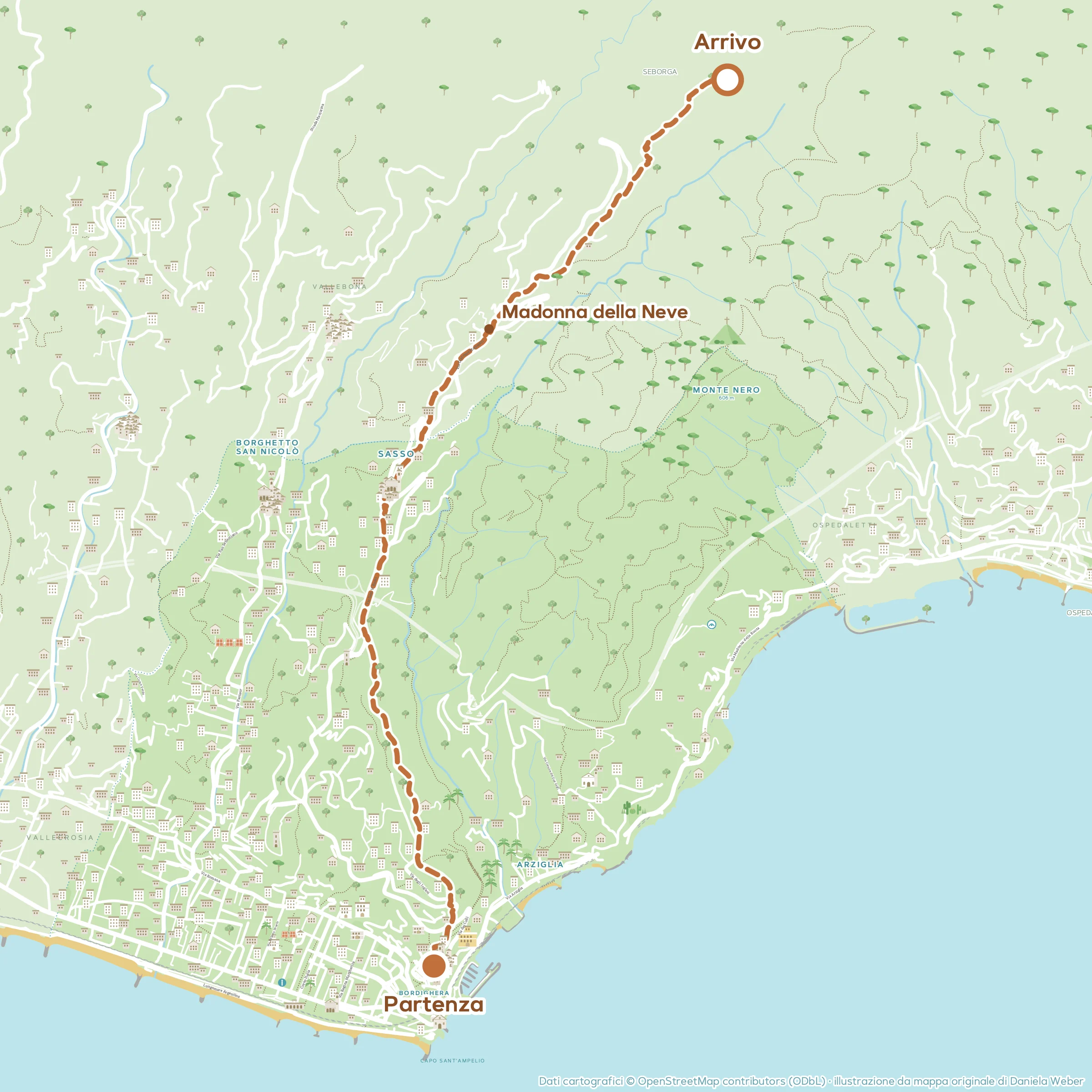 Mappa illustrata dell’escursione Da Bordighera a Sasso e Seborga, con il percorso e le tappe numerate