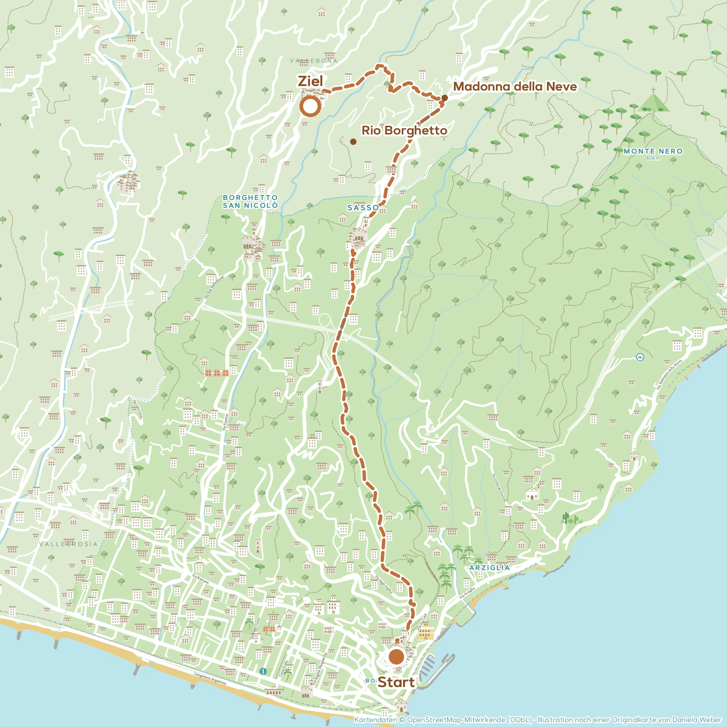 Illustrierte Karte der Wanderung Von Bordighera zur Madonna della Neve und nach Vallebona mit Route und nummerierten Etappen
