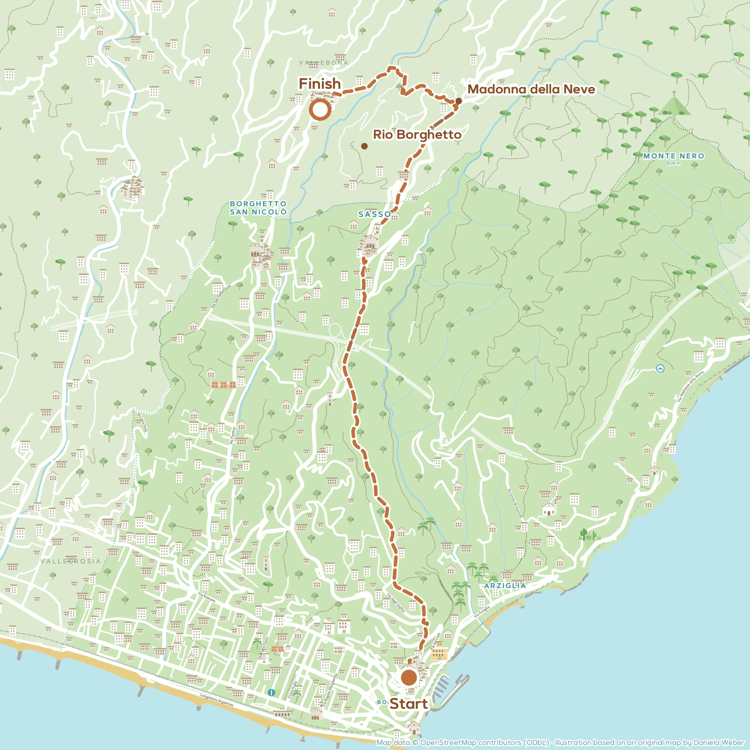 Illustrated map of the hike From Bordighera to Madonna della Neve and Vallebona, with the route and numbered stops