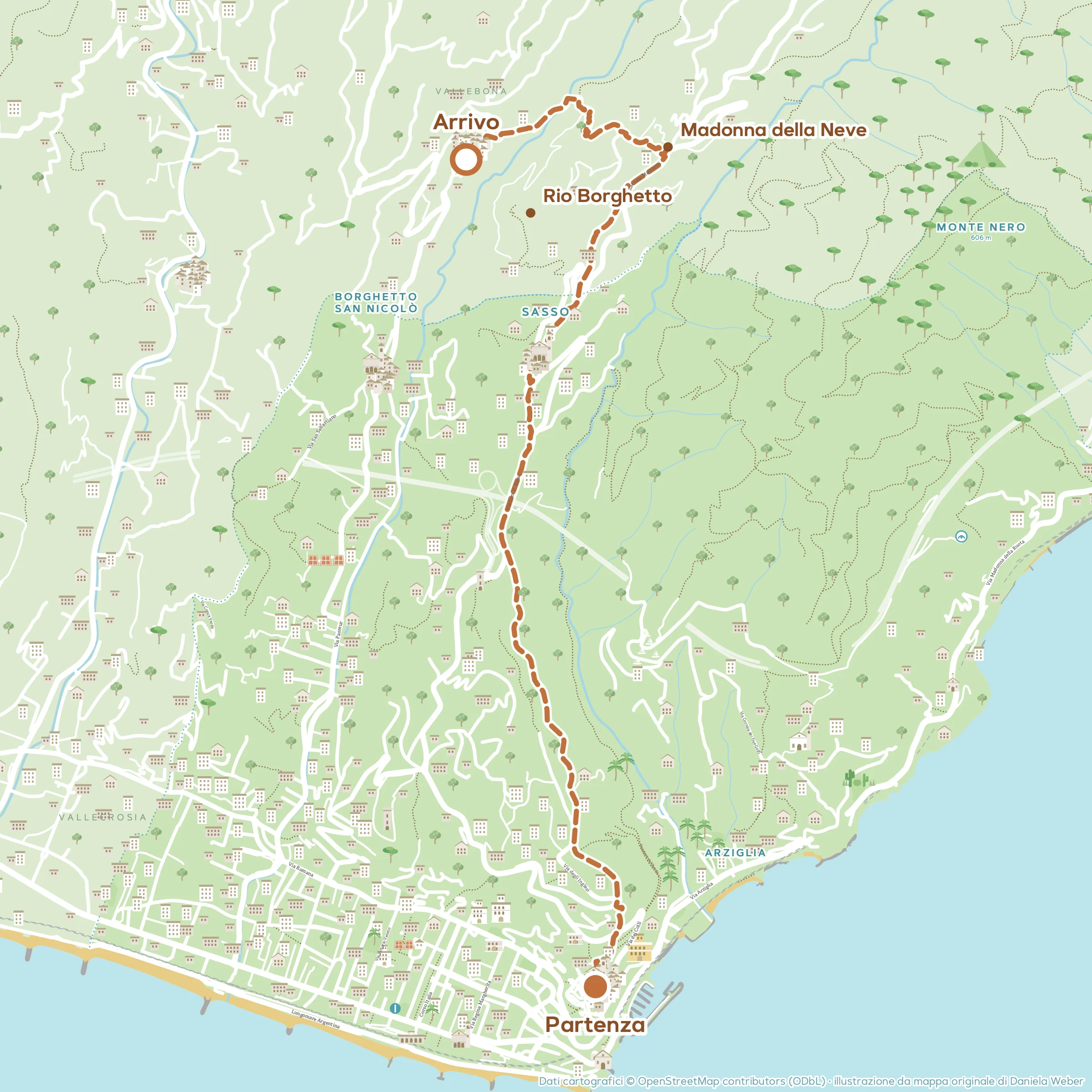 Mappa illustrata dell’escursione Da Bordighera alla Madonna della Neve e Vallebona, con il percorso e le tappe numerate