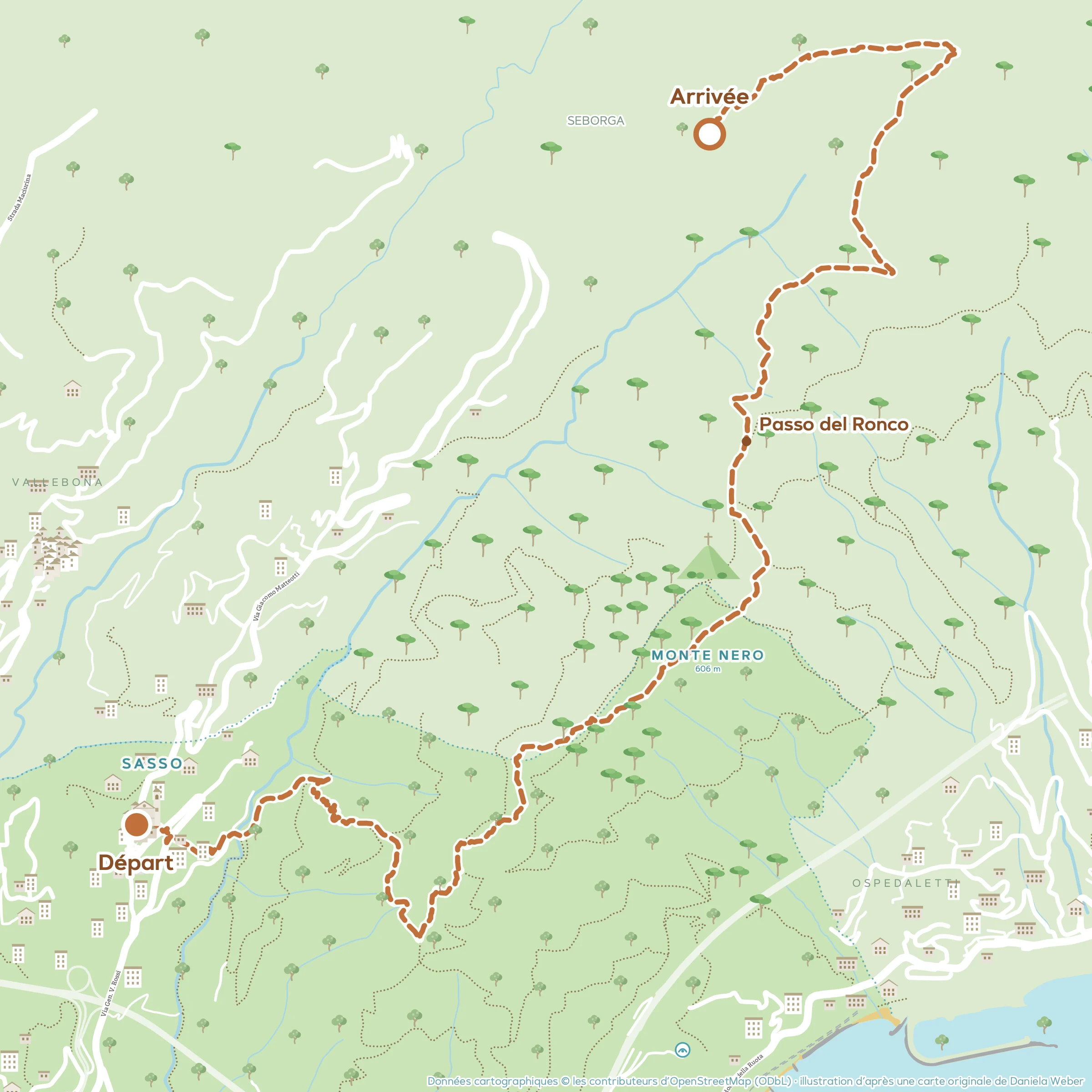 Carte illustrée de la randonnée De Sasso au Passo del Ronco et Seborga, avec le parcours et les étapes numérotées