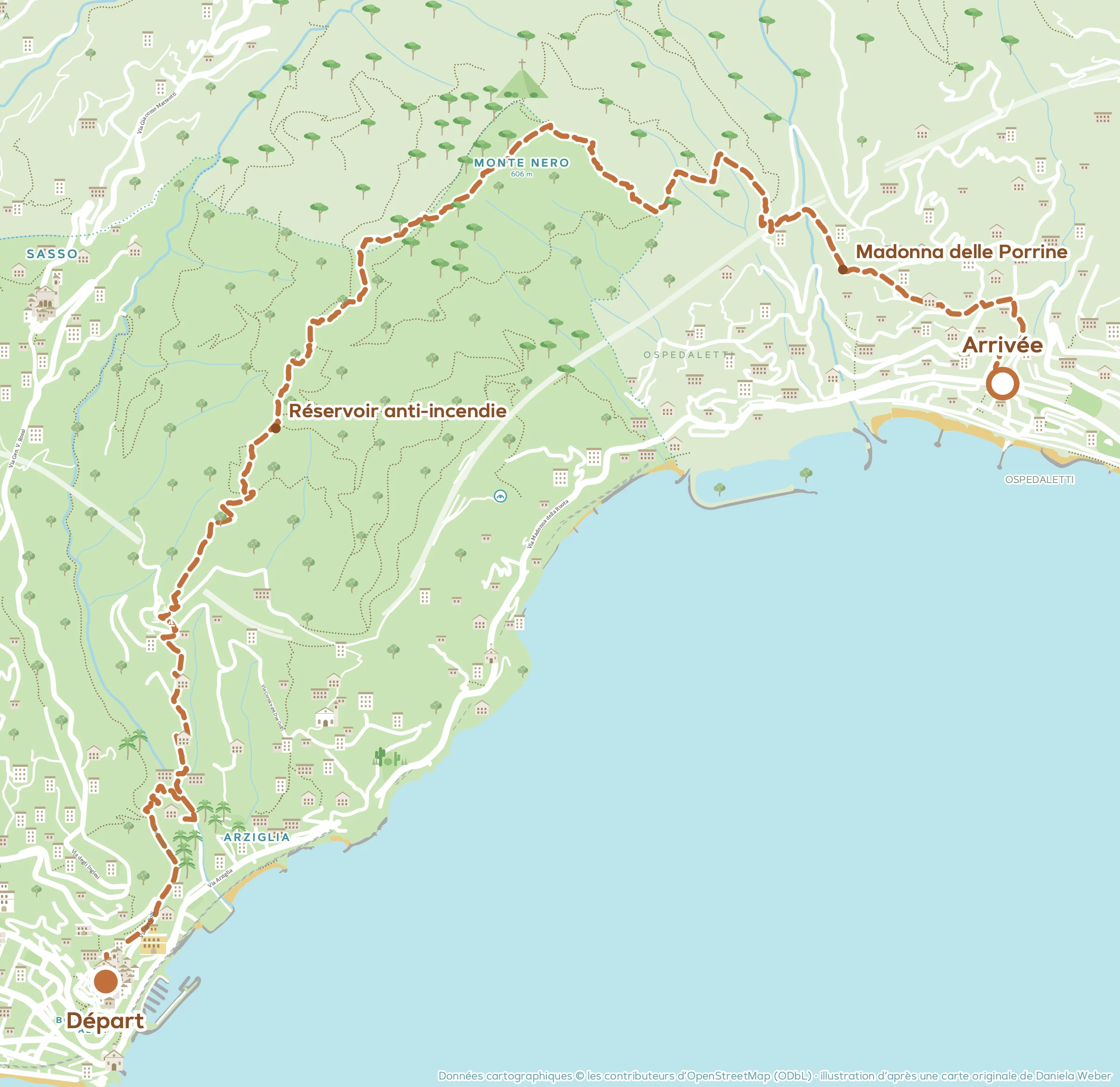 Carte illustrée de la randonnée De Bordighera à Ospedaletti, avec le parcours et les étapes numérotées
